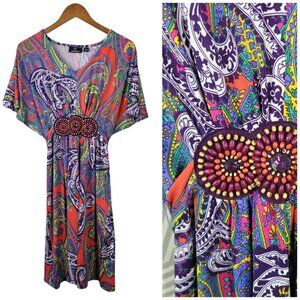 Y2K Stretch Shirt Dress Size Large slinky Casual Beaded Tie Waist Paisley Vtg